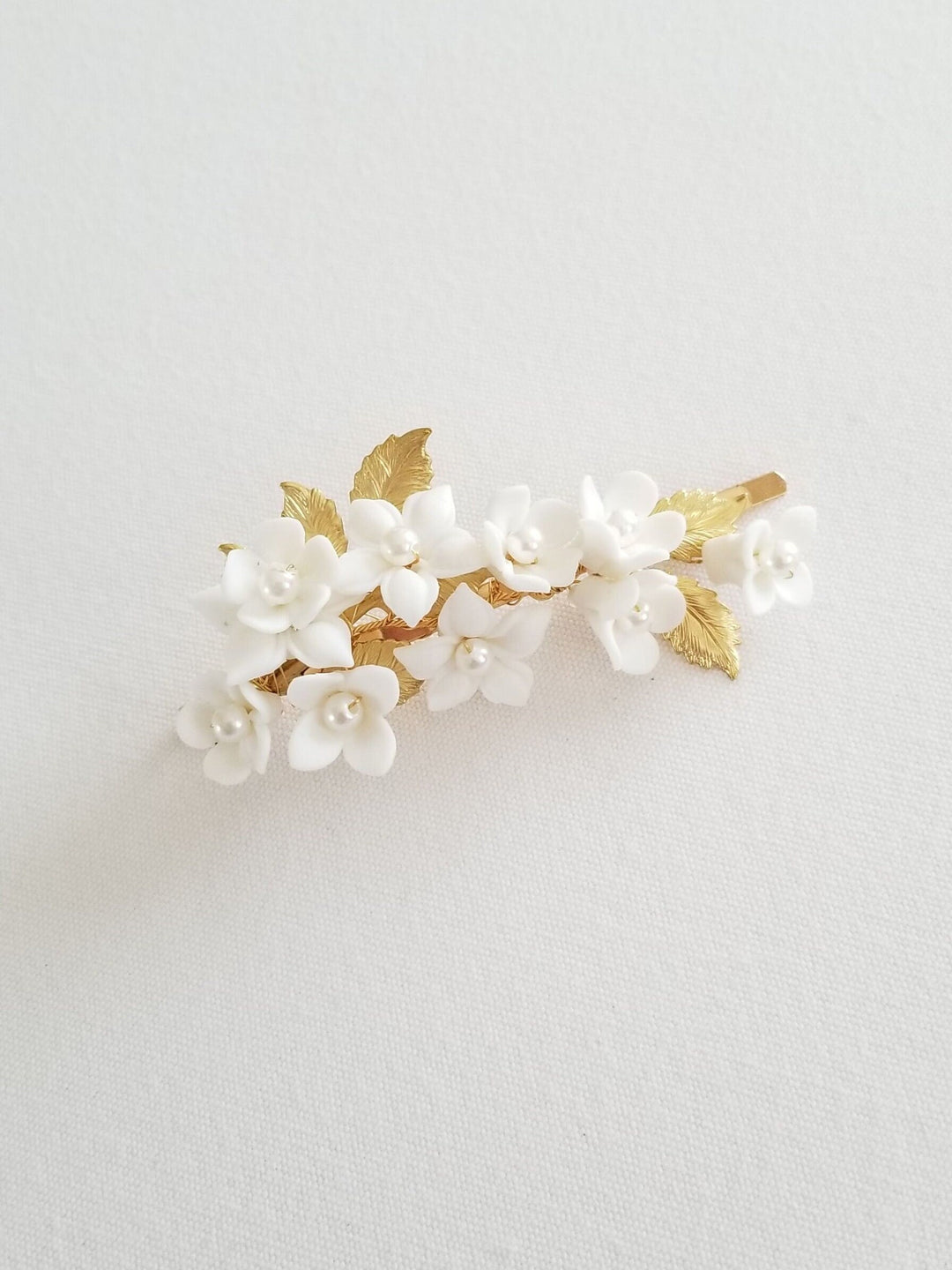 Floral Wedding Hair Clip, Bridal Hair Clip for Bride, Porcelian Flower Pearl Crystal Hairpiece - metal leaves, faux pearls, wire, porcelain flowers, metal hair clip