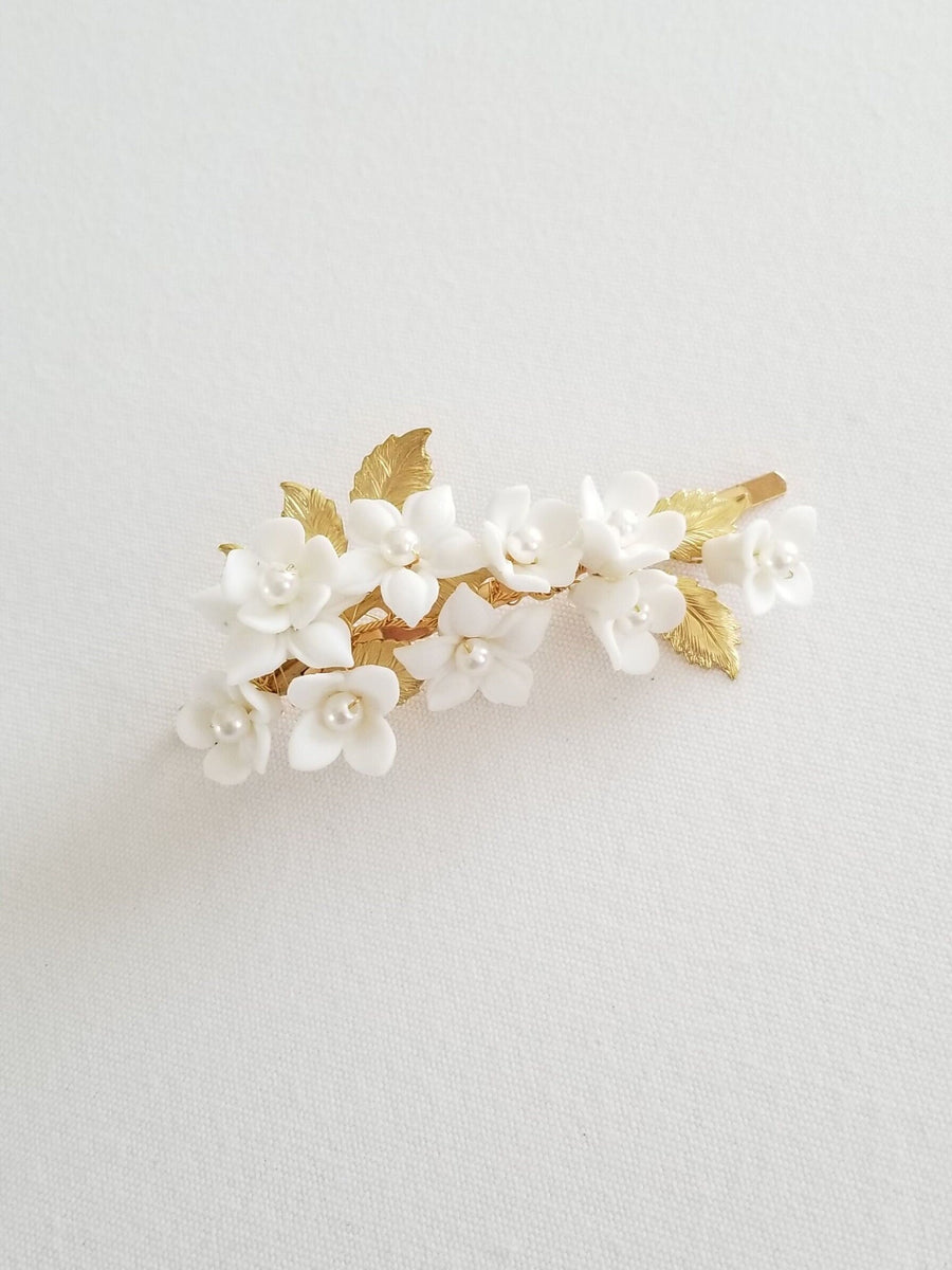 Floral Wedding Hair Clip, Bridal Hair Clip for Bride, Porcelian Flower Pearl Crystal Hairpiece - metal leaves, faux pearls, wire, porcelain flowers, metal hair clip