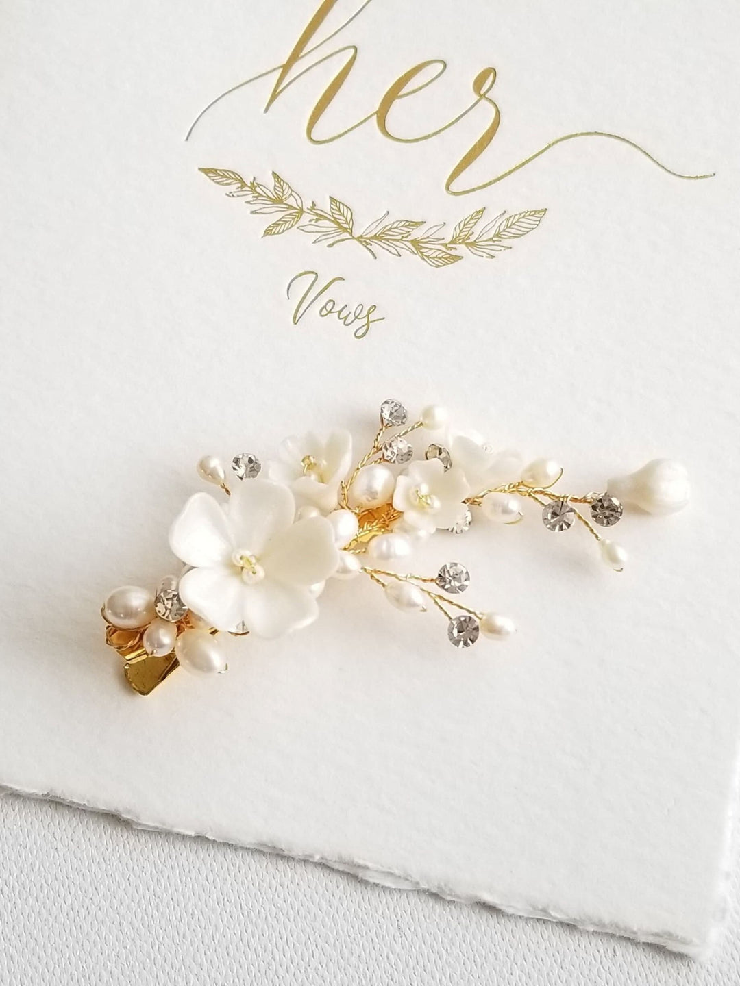 Wedding Pearl Side Hair Clip, Floral Bridal Hair Clip, Polymer Clay Flower Clip For Bride, Boho Bridal Hair Accessory - wire, seed beads, polymer clay flowers, metal alligator clip, freshwater pearls, rhinestones