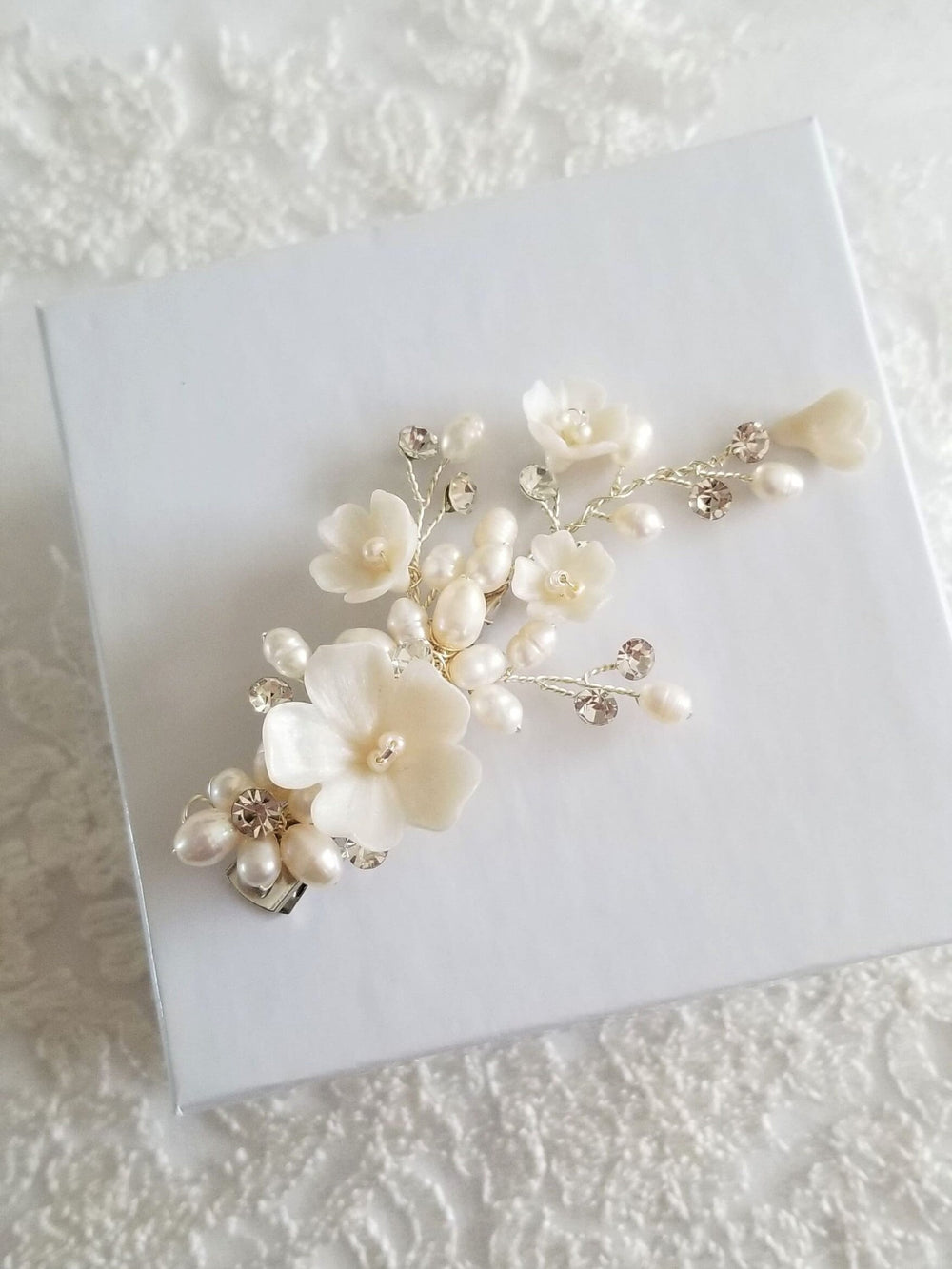 Wedding Pearl Side Hair Clip, Floral Bridal Hair Clip, Polymer Clay Flower Clip For Bride, Boho Bridal Hair Accessory - wire, seed beads, polymer clay flowers, metal alligator clip, freshwater pearls, rhinestones