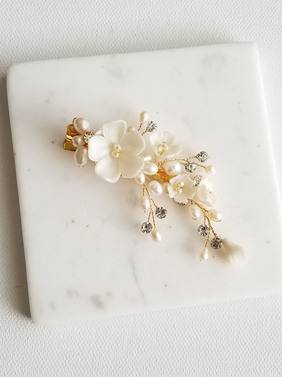 Wedding Pearl Side Hair Clip, Floral Bridal Hair Clip, Polymer Clay Flower Clip For Bride, Boho Bridal Hair Accessory - wire, seed beads, polymer clay flowers, metal alligator clip, freshwater pearls, rhinestones