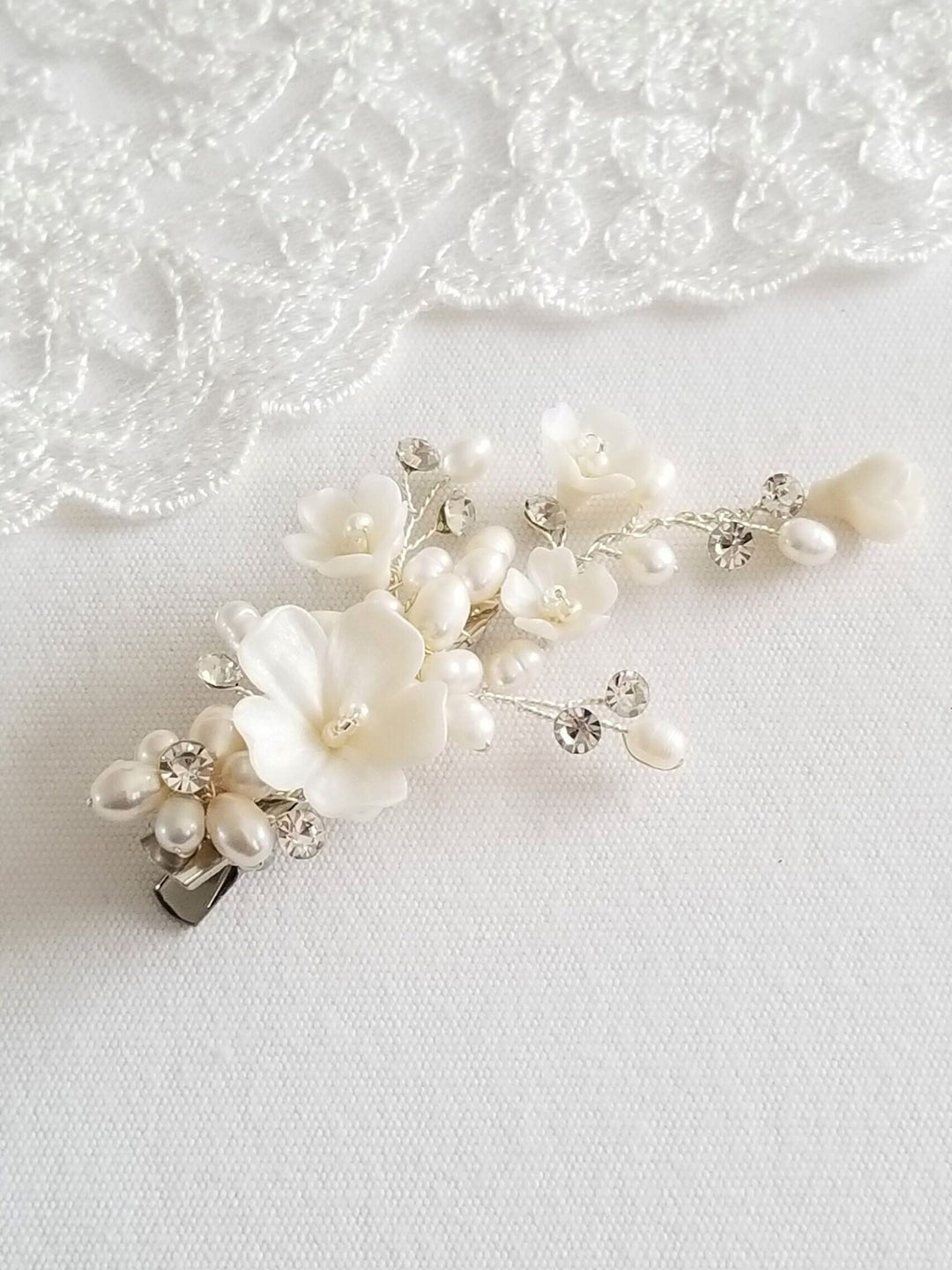 Wedding Pearl Side Hair Clip, Floral Bridal Hair Clip, Polymer Clay Flower Clip For Bride, Boho Bridal Hair Accessory - wire, seed beads, polymer clay flowers, metal alligator clip, freshwater pearls, rhinestones