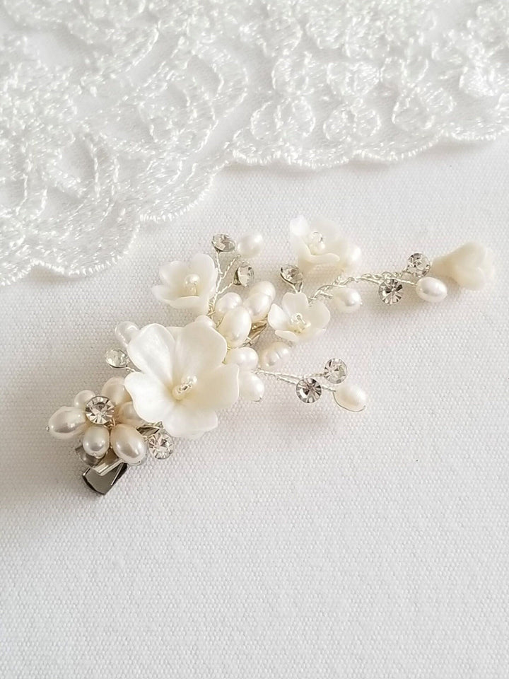 Wedding Pearl Side Hair Clip, Floral Bridal Hair Clip, Polymer Clay Flower Clip For Bride, Boho Bridal Hair Accessory - wire, seed beads, polymer clay flowers, metal alligator clip, freshwater pearls, rhinestones