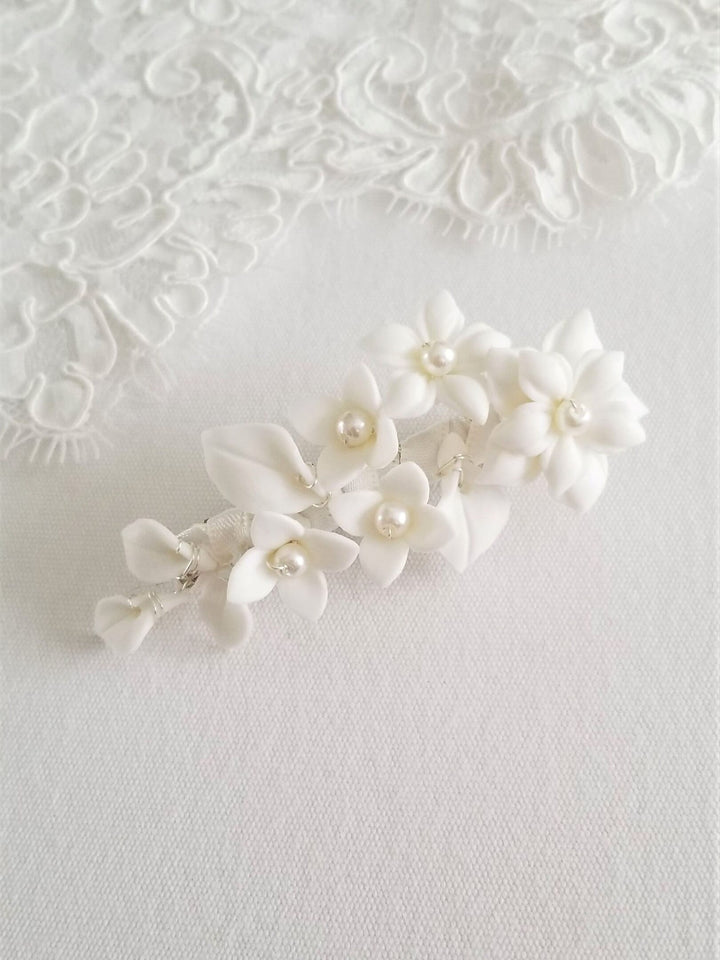 Wedding Hair Clip Porcelain Flowers, Small Floral Wedding Hair Barrette, Clay Flower Bridal Hair Clip - wire, porcelain flowers, imitation pearls, french barrette, ribbon