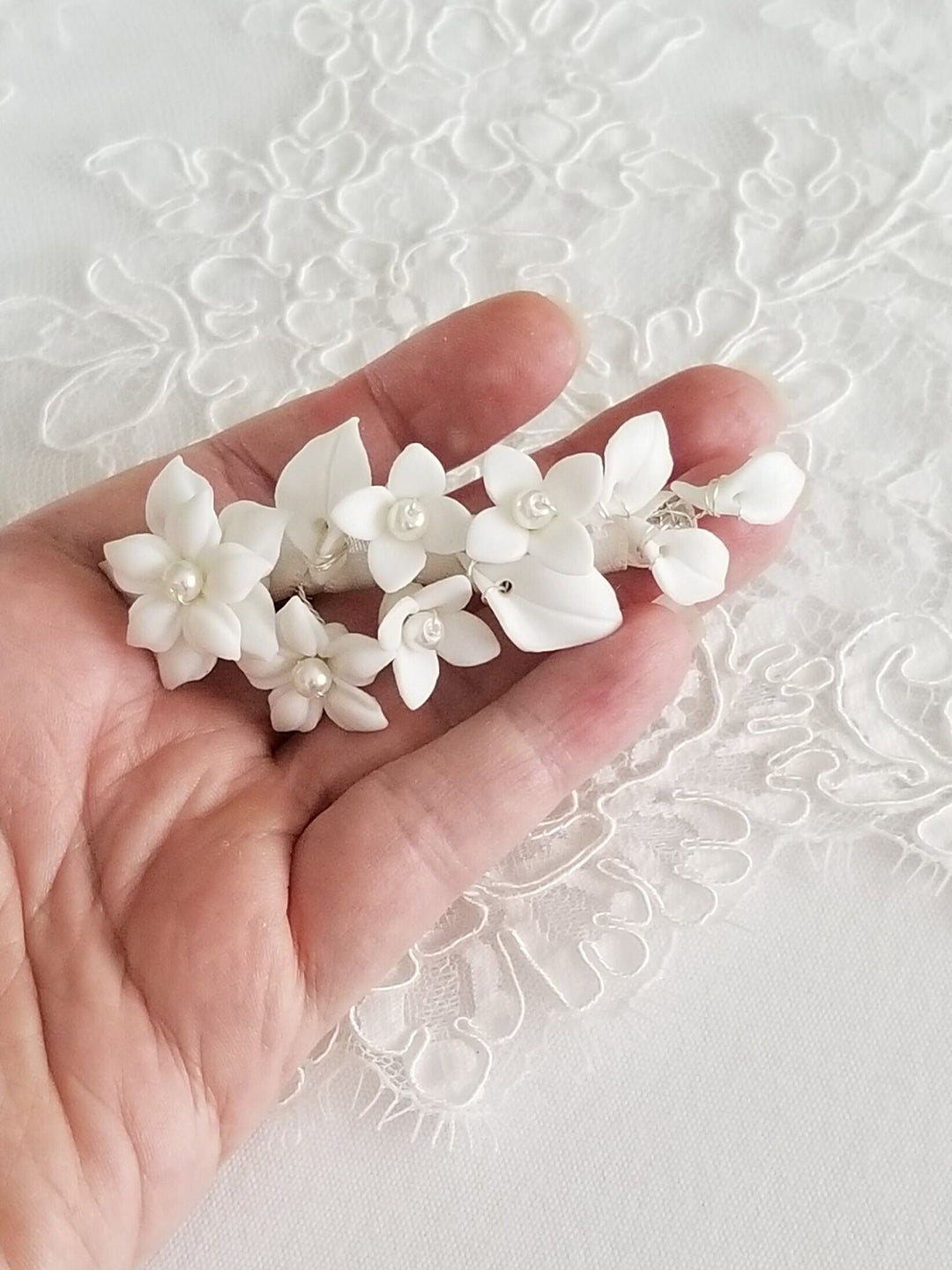 Wedding Hair Clip Porcelain Flowers, Small Floral Wedding Hair Barrette, Clay Flower Bridal Hair Clip - wire, porcelain flowers, imitation pearls, french barrette, ribbon