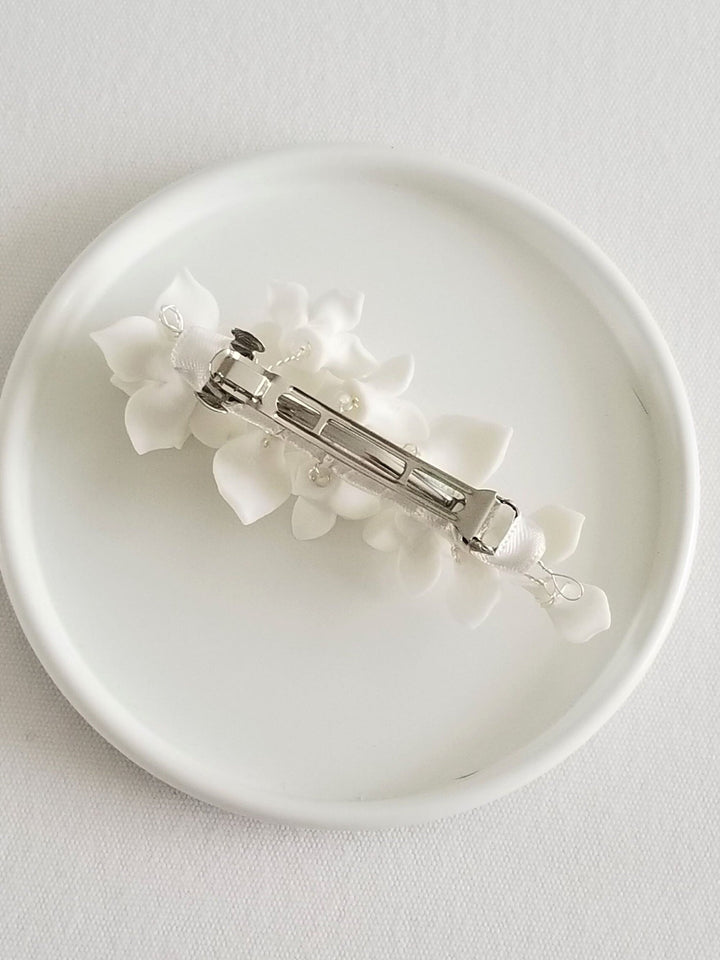 Wedding Hair Clip Porcelain Flowers, Small Floral Wedding Hair Barrette, Clay Flower Bridal Hair Clip - wire, porcelain flowers, imitation pearls, french barrette, ribbon