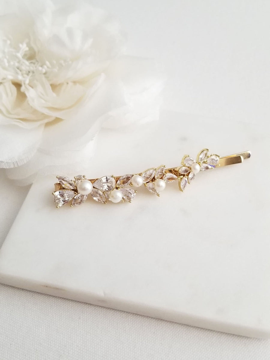 Wedding Hair Clip with Pearls, Wedding Hair Accessory, CZ Bridal Hair Clip, CZ Freshwater Pearl Wedding Bobby Pin - wire, freshwater pearls, bobby pin, cubic zirconias