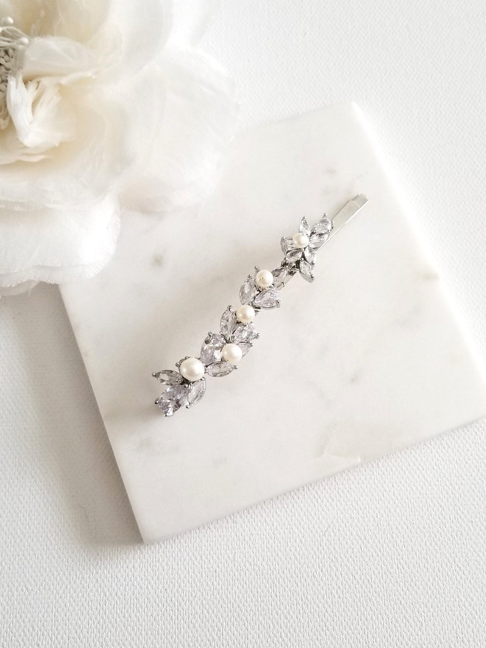 Wedding Hair Clip with Pearls, Wedding Hair Accessory, CZ Bridal Hair Clip, CZ Freshwater Pearl Wedding Bobby Pin - wire, freshwater pearls, bobby pin, cubic zirconias