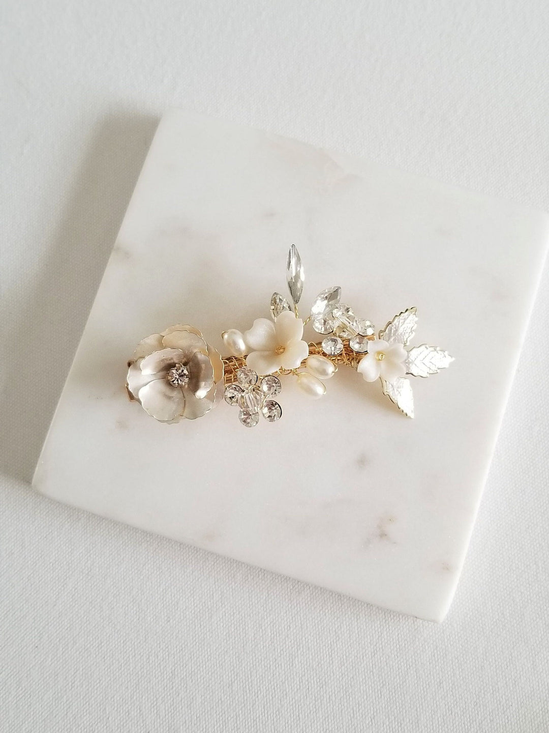 Floral Wedding Hair Clip, Bridal Hair Clip for Bride, Gold Flower Pearl Crystal Hairpiece - rhinestones, crystals, metal leaves, metal flower, faux pearls, wire, alligator clip, polymer flowers