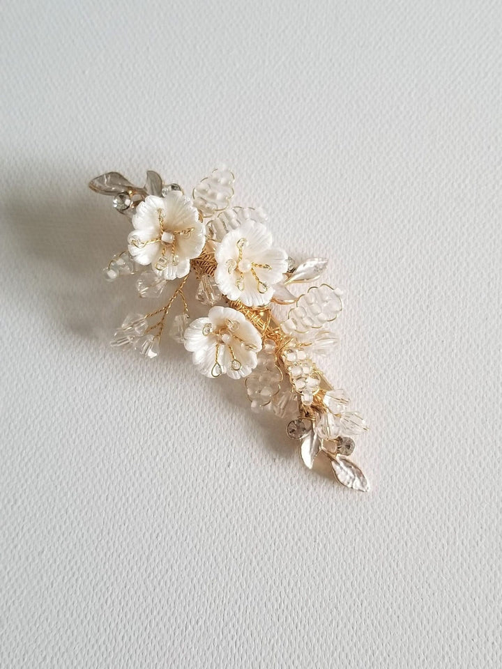 Wedding Hair Clip with Porcelain Flowers, Small Gold Floral Hair Clip for Bride, Crystal Clay Flower Bridal Hairpiece - clay flowers, seed beads, metal leaves, wire, crystals, rhinestones, alligator clip