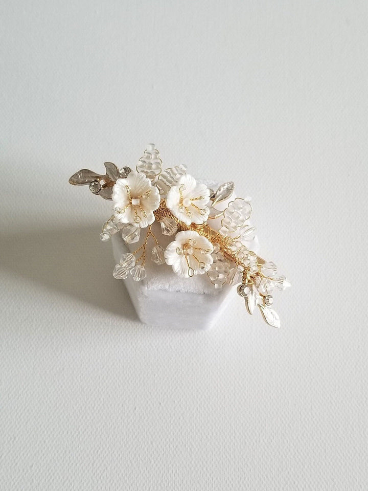 Wedding Hair Clip with Porcelain Flowers, Small Gold Floral Hair Clip for Bride, Crystal Clay Flower Bridal Hairpiece - clay flowers, seed beads, metal leaves, wire, crystals, rhinestones, alligator clip