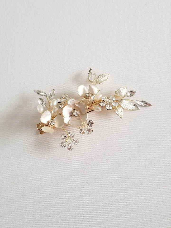 Floral Wedding Hair Clip, Bridal Hair Clip for Bride, Gold Flower Pearl Crystal Hairpiece - rhinestones, crystals, metal leaves, metal flower, faux pearls, wire, alligator clip