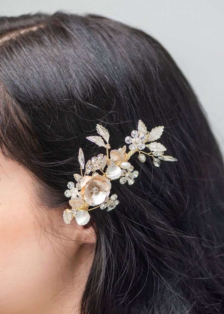 Floral Wedding Hair Clip, Bridal Hair Clip for Bride, Gold Flower Pearl Crystal Hairpiece - rhinestones, crystals, metal leaves, metal flower, faux pearls, wire, alligator clip