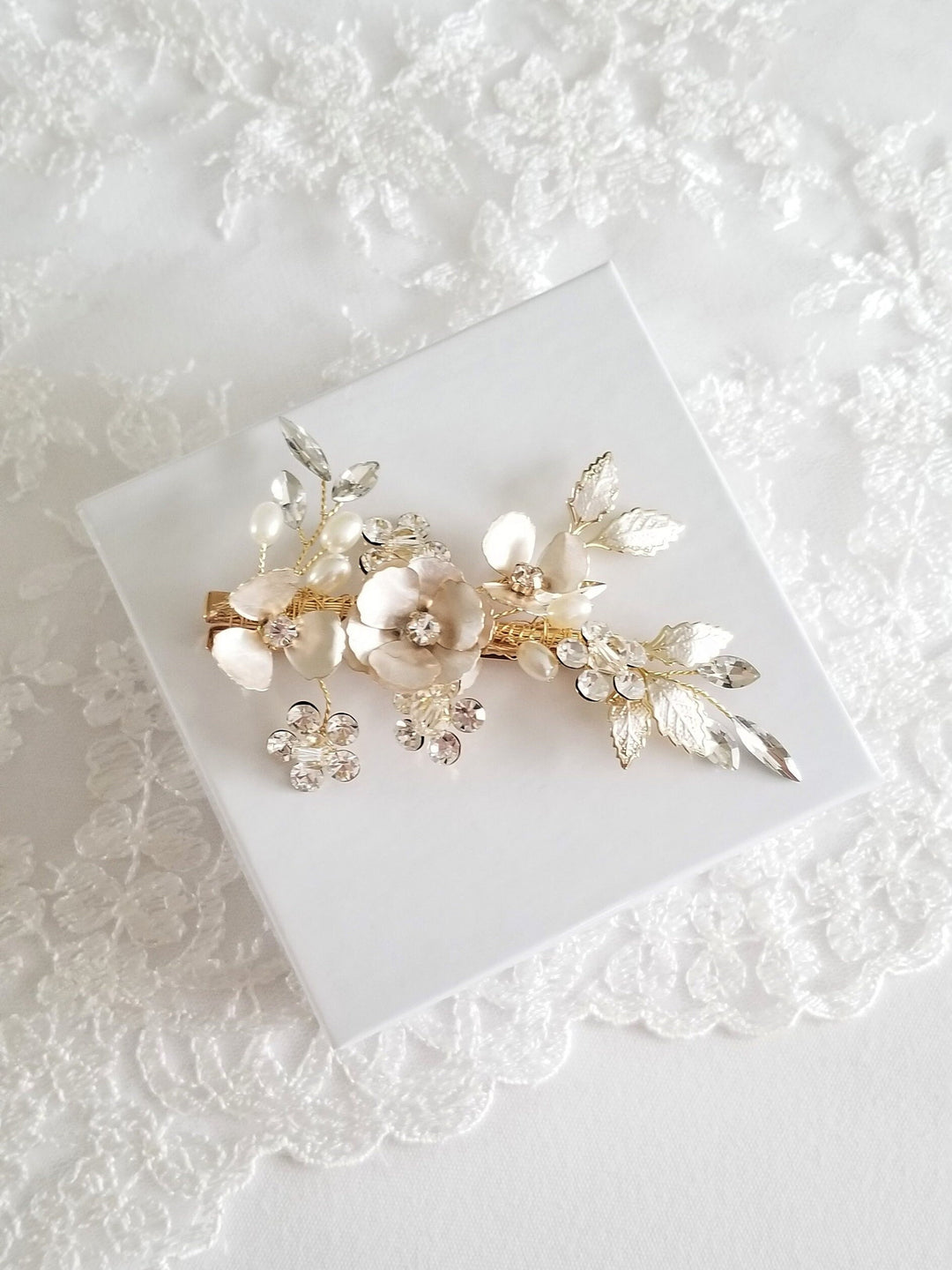 Floral Wedding Hair Clip, Bridal Hair Clip for Bride, Gold Flower Pearl Crystal Hairpiece - rhinestones, crystals, metal leaves, metal flower, faux pearls, wire, alligator clip