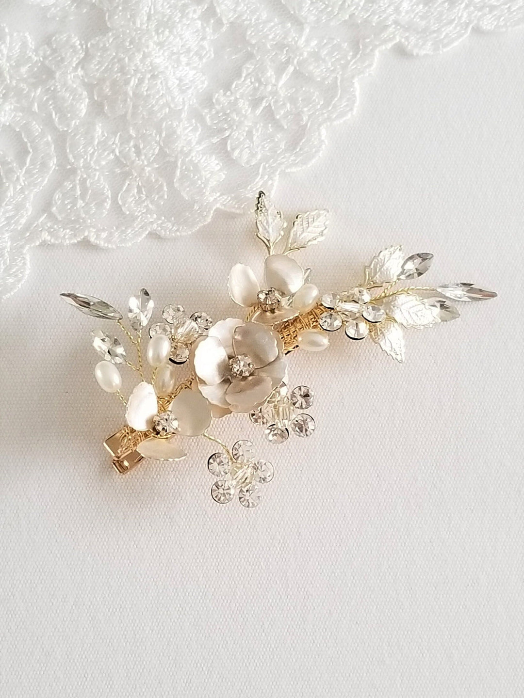 Floral Wedding Hair Clip, Bridal Hair Clip for Bride, Gold Flower Pearl Crystal Hairpiece - rhinestones, crystals, metal leaves, metal flower, faux pearls, wire, alligator clip