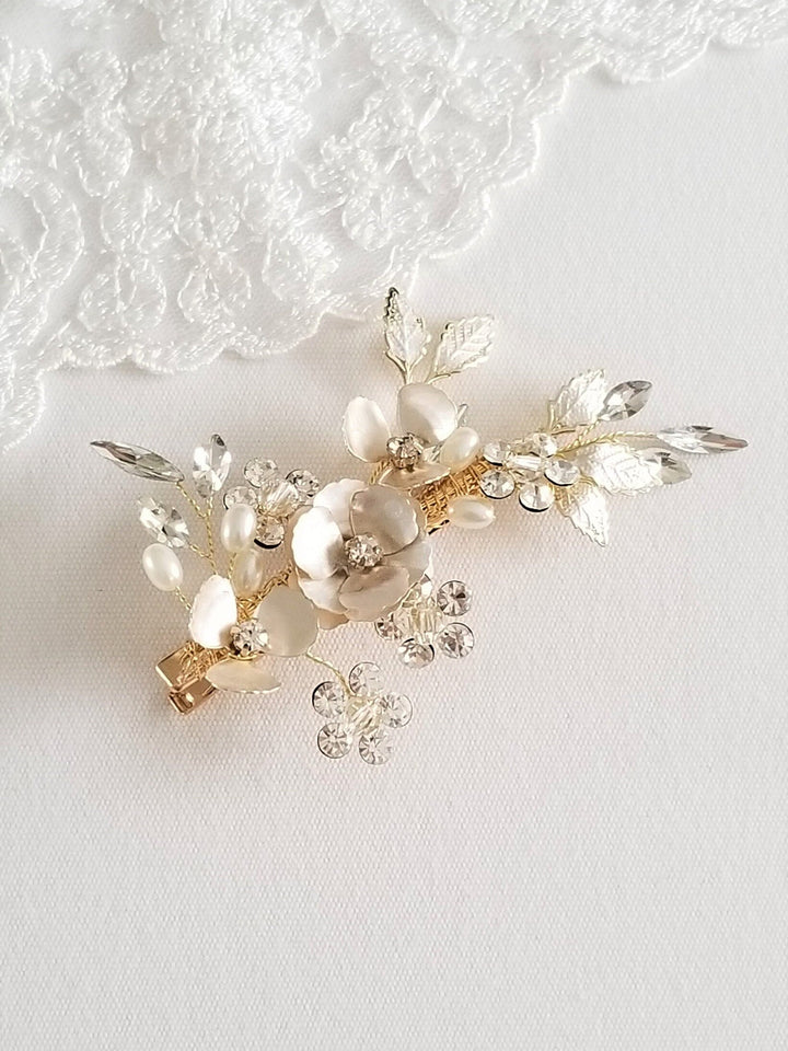 Floral Wedding Hair Clip, Bridal Hair Clip for Bride, Gold Flower Pearl Crystal Hairpiece - rhinestones, crystals, metal leaves, metal flower, faux pearls, wire, alligator clip