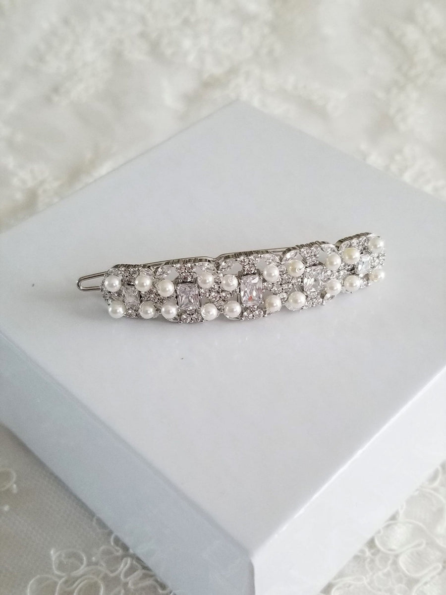 Wedding Hair Clip Pearl, Wedding Hair Barrette, Cubic Zirconia Pearl Bridal Hair Clip, Small Hair Accessory for Bride, Wedding CZ Clip - silver toned components, wire, cubic zirconias, shell pearls