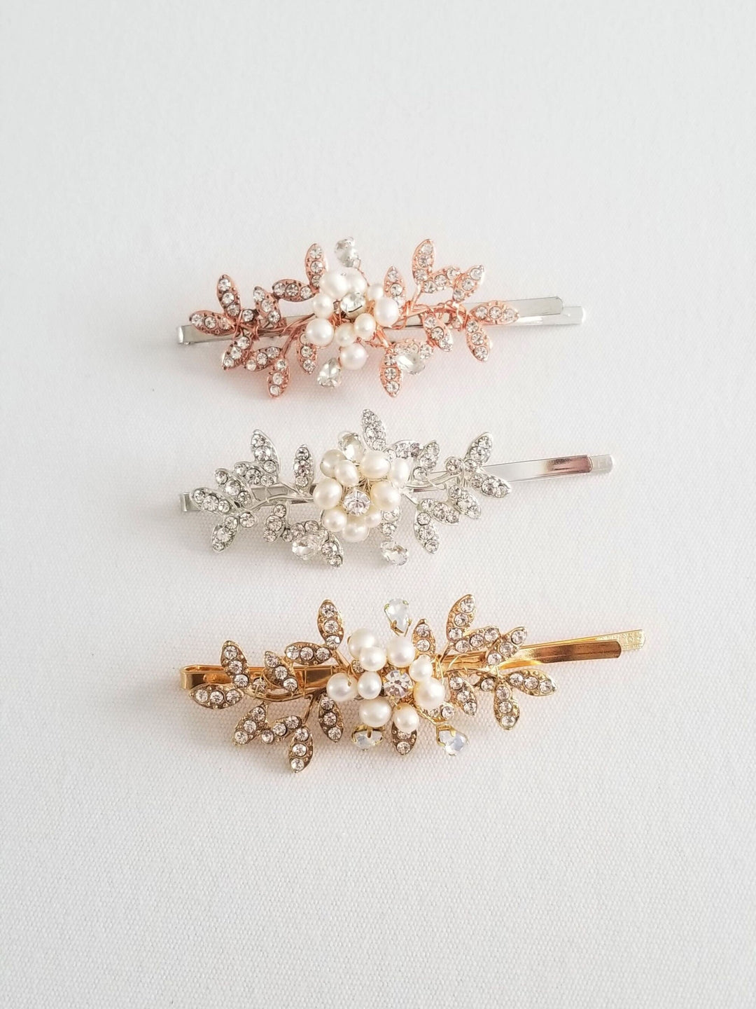 Bridal Hair Clip, Pearl Crystal Wedding Hair Pin, Rhinestone Pearl Hair Clips, Hair Clips For Bride - rhinestones, bobby pin, wire, freshwater pearls, metal leaves