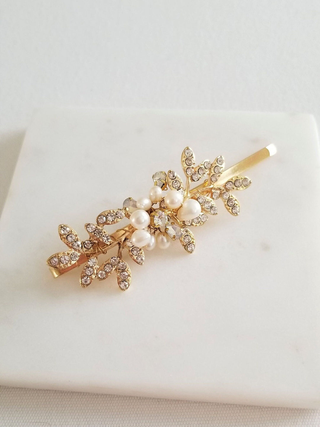 Bridal Hair Clip, Pearl Crystal Wedding Hair Pin, Rhinestone Pearl Hair Clips, Hair Clips For Bride - rhinestones, bobby pin, wire, freshwater pearls, metal leaves