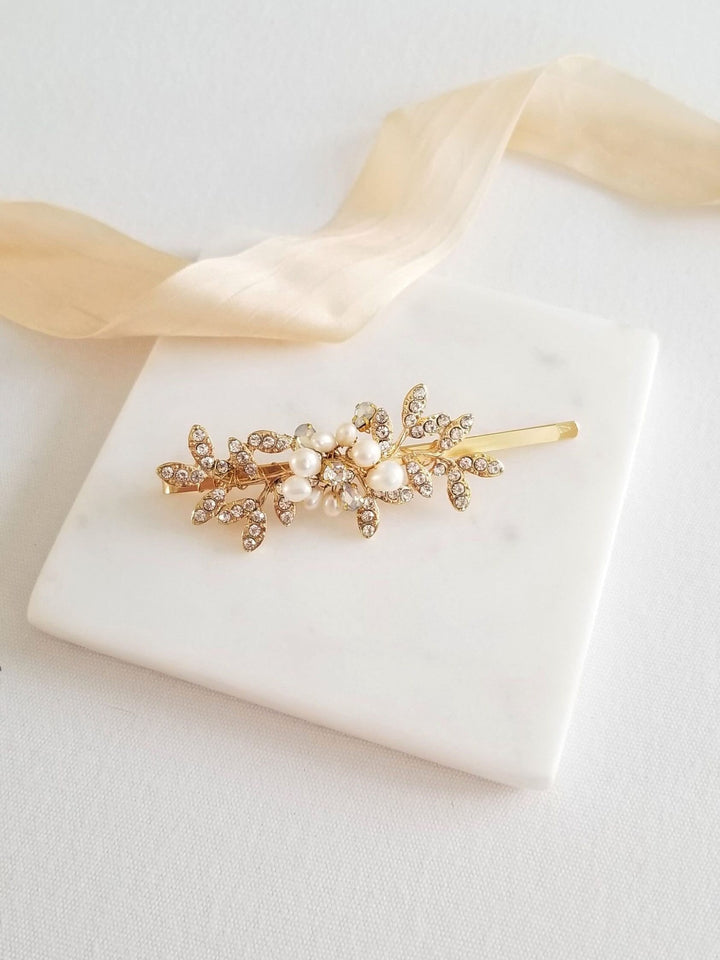 Bridal Hair Clip, Pearl Crystal Wedding Hair Pin, Rhinestone Pearl Hair Clips, Hair Clips For Bride - rhinestones, bobby pin, wire, freshwater pearls, metal leaves