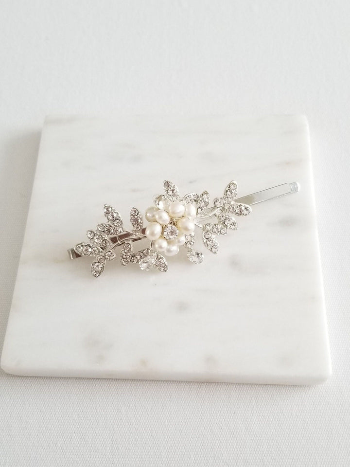 Bridal Hair Clip, Pearl Crystal Wedding Hair Pin, Rhinestone Pearl Hair Clips, Hair Clips For Bride - rhinestones, bobby pin, wire, freshwater pearls, metal leaves