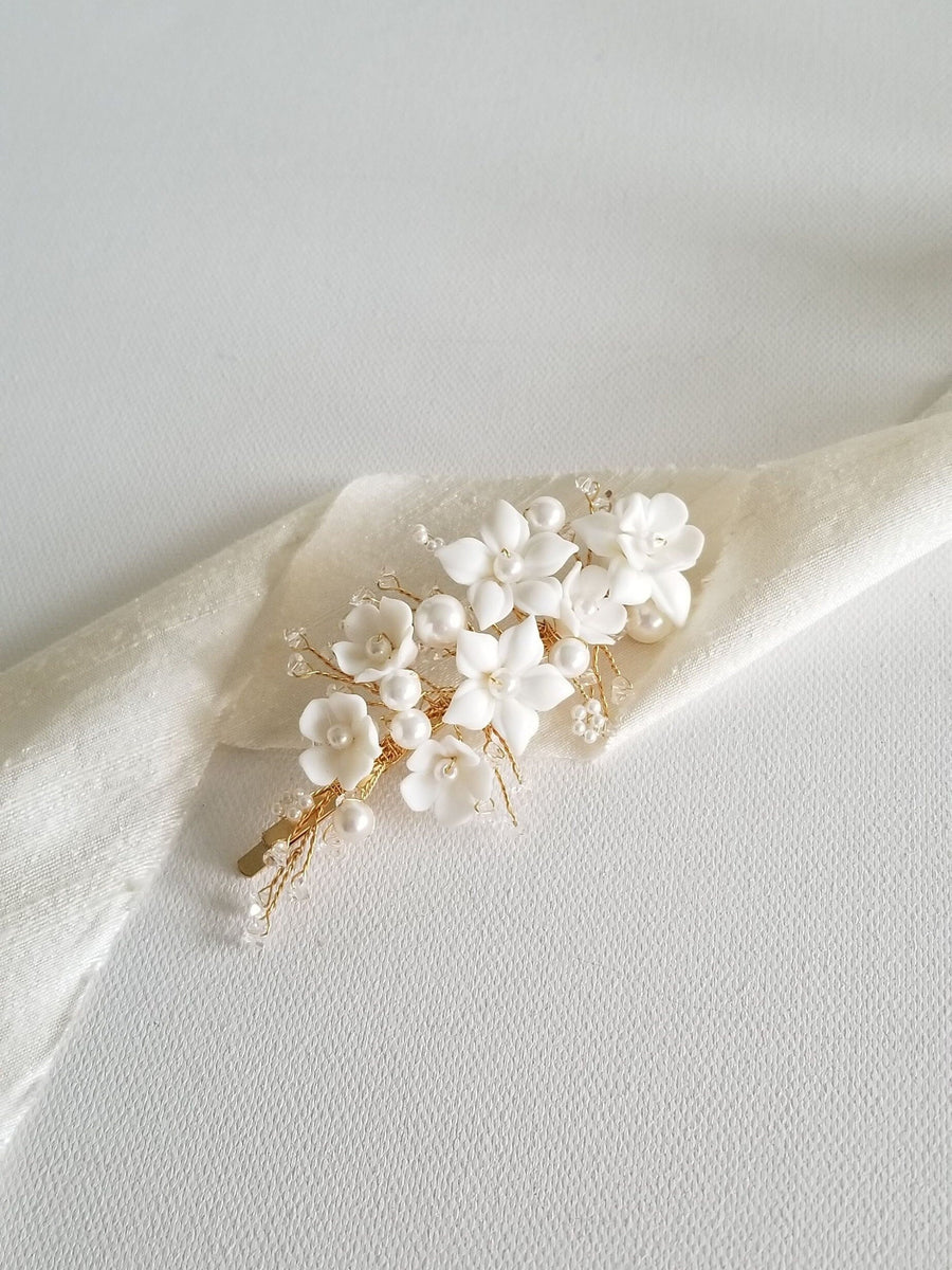 Wedding Hair Clip with Porcelain Flowers, Floral Bridal Hair Clip, Flower Clip For Bride, Boho Bridal Hair Accessory - wire, seed beads, porcelain flowers, large metal hair clip, shell pearls, crystals