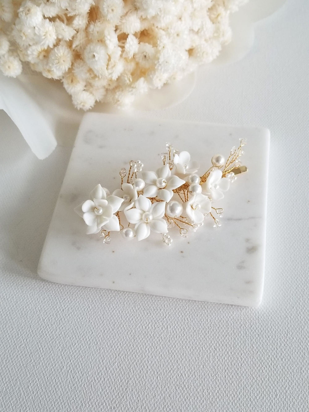 Wedding Hair Clip with Porcelain Flowers, Floral Bridal Hair Clip, Flower Clip For Bride, Boho Bridal Hair Accessory - wire, seed beads, porcelain flowers, large metal hair clip, shell pearls, crystals