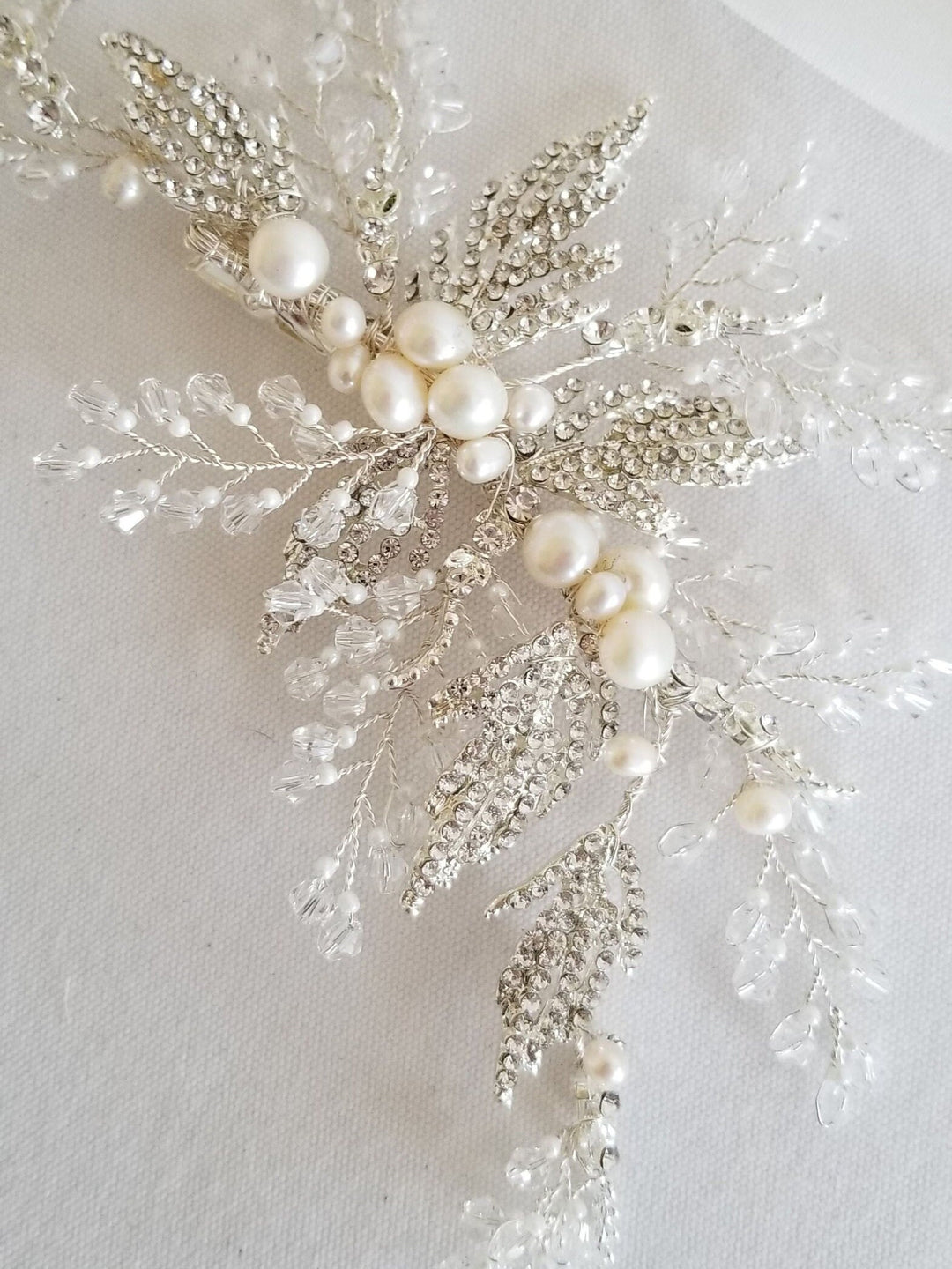 Wedding Hair Clip with Pearls, Silver Crystal Bridal Hair Comb, Crystal Wedding Hair Clip, Freshwater Pearl Bridal Hair Comb - wire, rhinestones, crystals, alligator clip, freshwater pearls, rhinestone metal leaves, seed beads