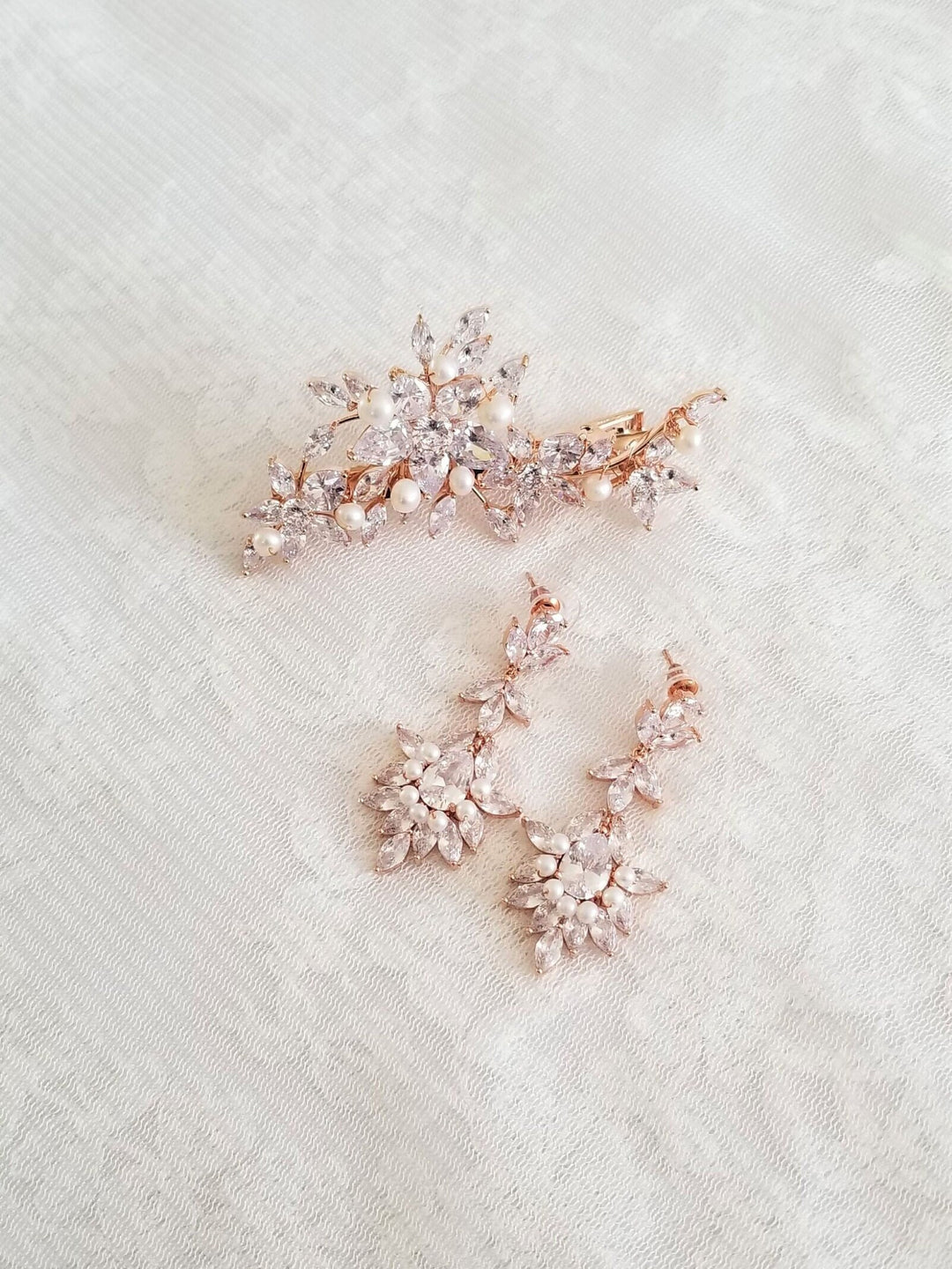 Cubic Zirconia and Freshwater Pearl Wedding Earrings and Hair Clip Set - pearls, wire, cubic zirconias, alligator clip