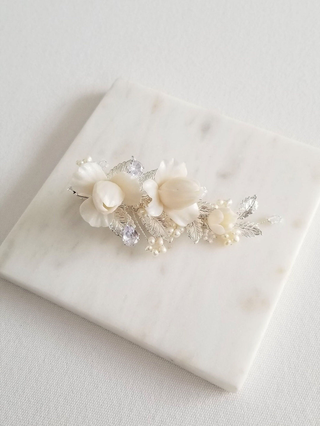 Wedding Hair Clip, Floral Bridal hair Clip, Clay Flower Clip For Bride, Boho Bridal Hair Accessory - metal hoops, wire, ear wires, cubic zirconia, seed beads, polymer clay flowers, metal leaves, metal alligator clip, freshwater pearls