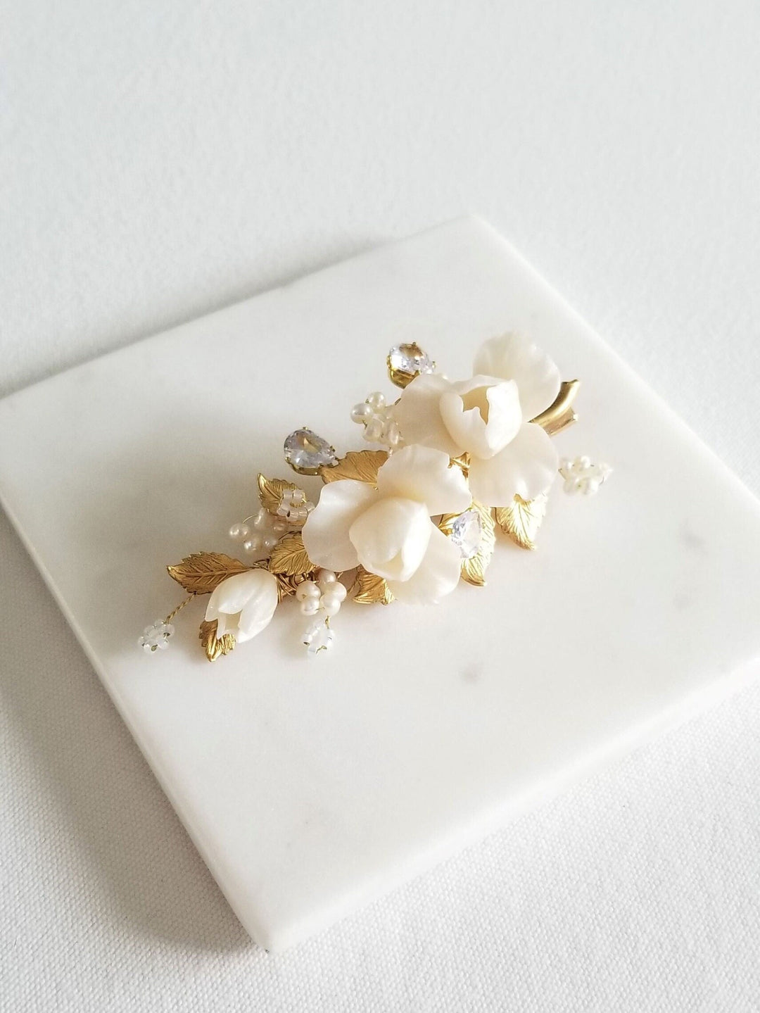 Wedding Hair Clip, Floral Bridal hair Clip, Clay Flower Clip For Bride, Boho Bridal Hair Accessory - metal hoops, wire, ear wires, cubic zirconia, seed beads, polymer clay flowers, metal leaves, metal alligator clip, freshwater pearls
