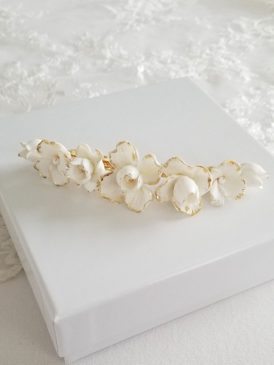 Wedding Hair Clip Porcelain Flowers, Gold Floral Wedding Hair Barrette, Clay Flower Bridal Hair Clip - wire, porcelain flowers, french barrette, gold foil