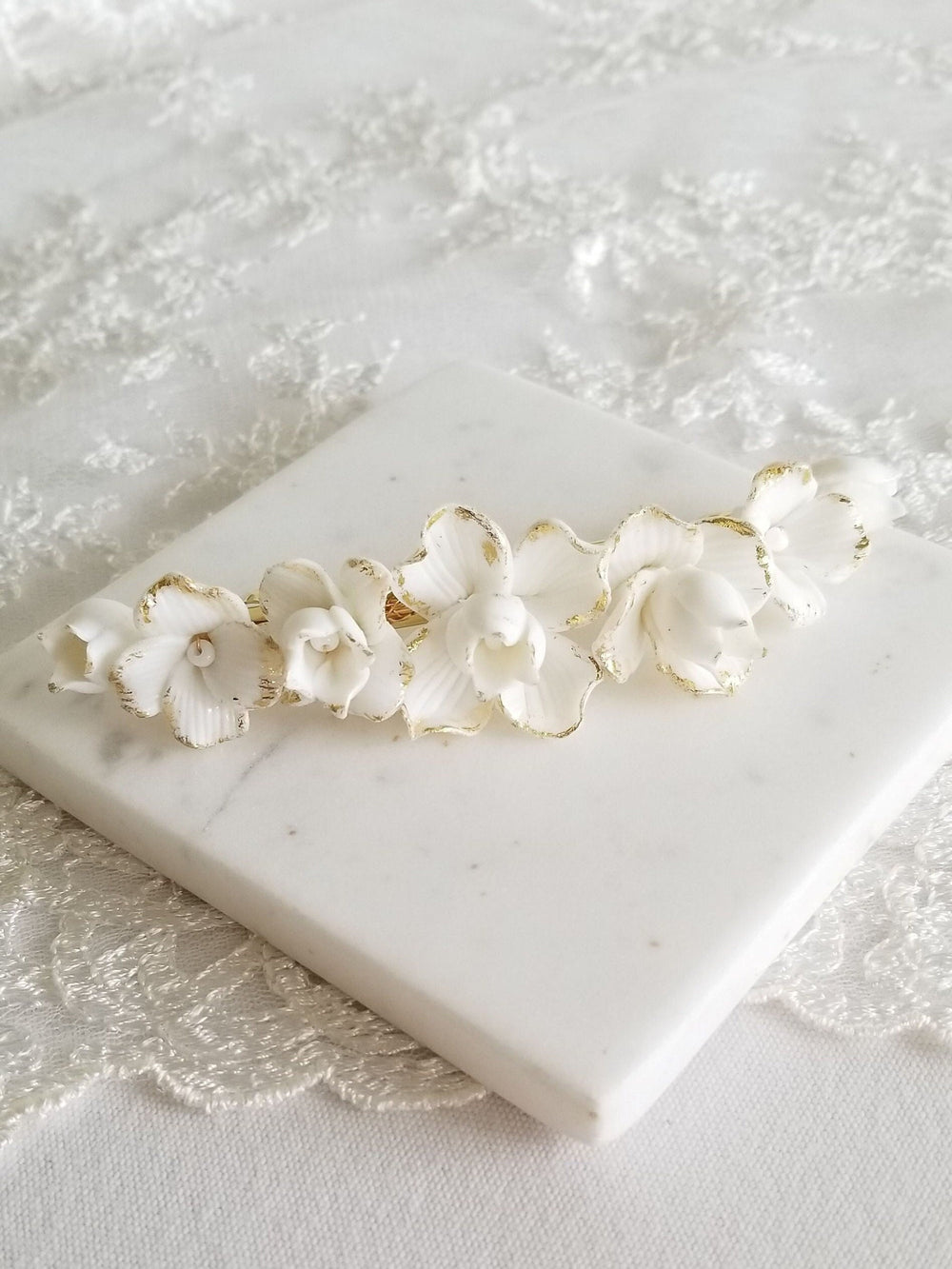 Wedding Hair Clip Porcelain Flowers, Gold Floral Wedding Hair Barrette, Clay Flower Bridal Hair Clip - wire, porcelain flowers, french barrette, gold foil