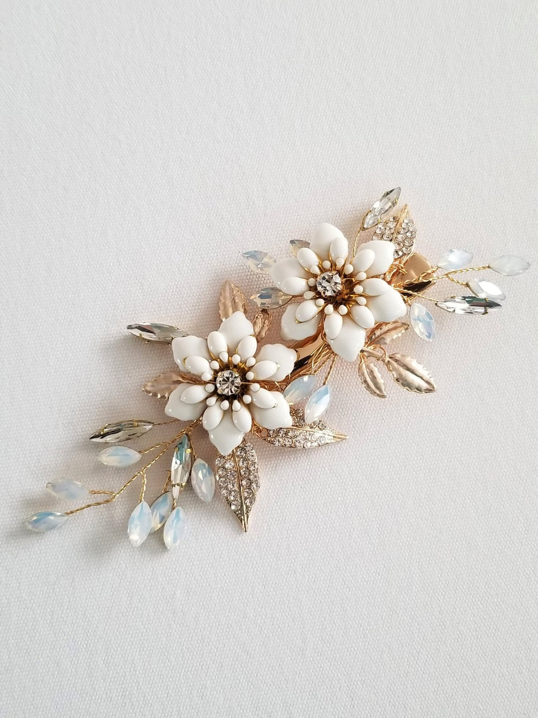 Gold Floral Wedding Hair Clip, Wedding Headpiece for Bride, Crystal Flower Bridal Hair Clip - metal leaves, wire, crystals, rhinestones, metal enameled flowers, metal clip