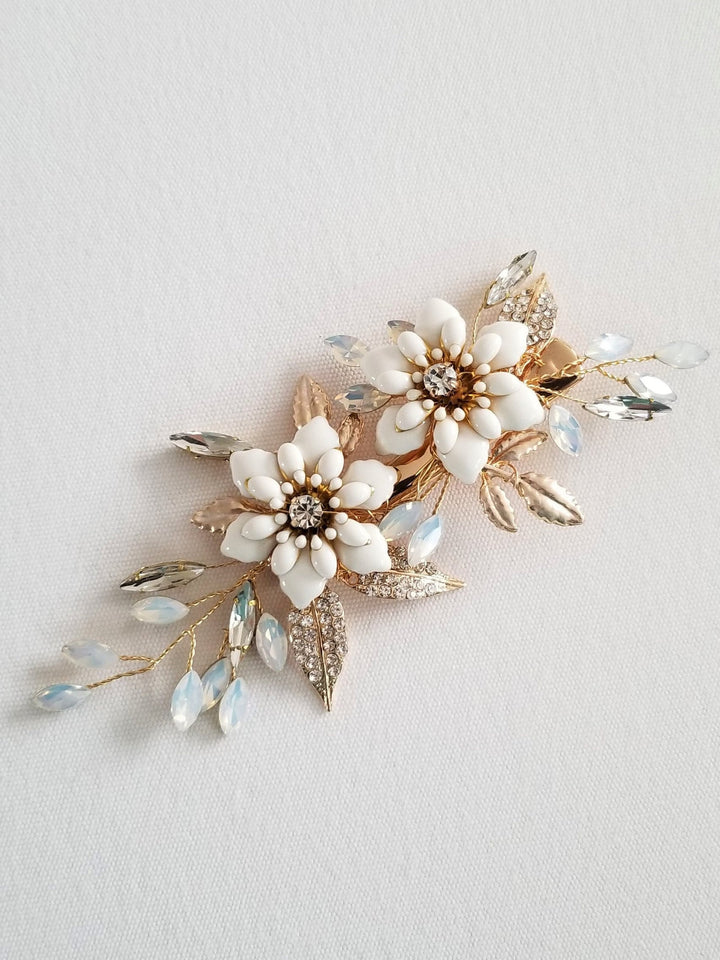 Gold Floral Wedding Hair Clip, Wedding Headpiece for Bride, Crystal Flower Bridal Hair Clip - metal leaves, wire, crystals, rhinestones, metal enameled flowers, metal clip