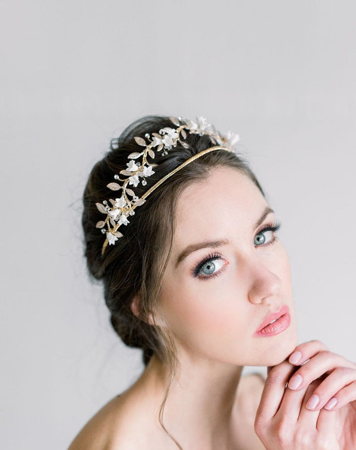 BoHo Gold Floral Tiara For Bride, Gold Wedding Headpiece With Porcelain Flowers and Freshwater Pearls - gold wire, head band, clay flowers, rhinestones, metal leaves, freshwater pearls