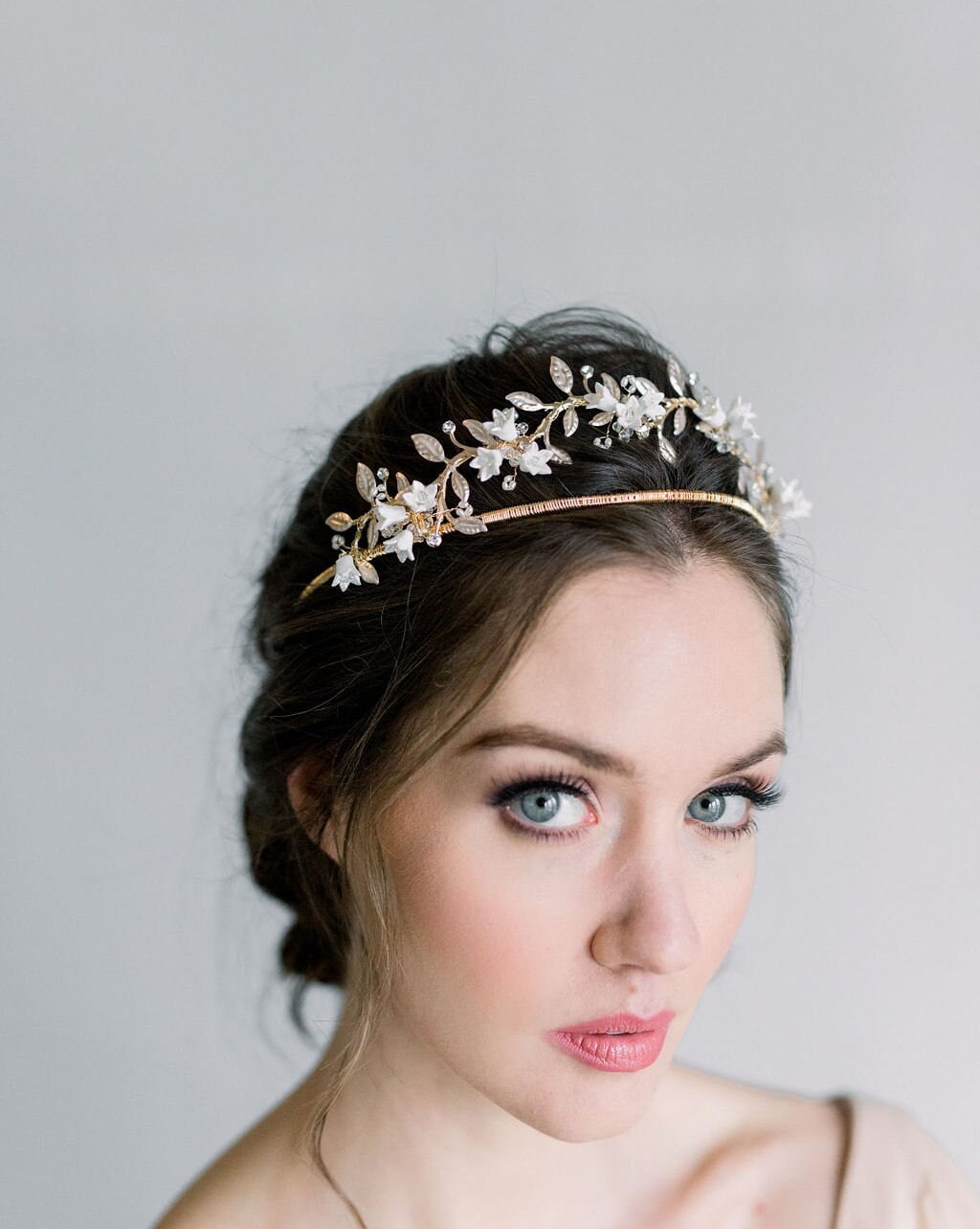 BoHo Gold Floral Tiara For Bride, Gold Wedding Headpiece With Porcelain Flowers and Freshwater Pearls - gold wire, head band, clay flowers, rhinestones, metal leaves, freshwater pearls