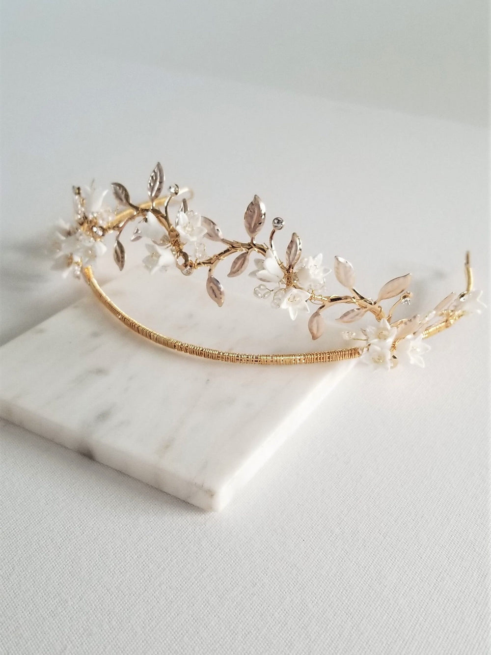 BoHo Gold Floral Tiara For Bride, Gold Wedding Headpiece With Porcelain Flowers and Freshwater Pearls - gold wire, head band, clay flowers, rhinestones, metal leaves, freshwater pearls