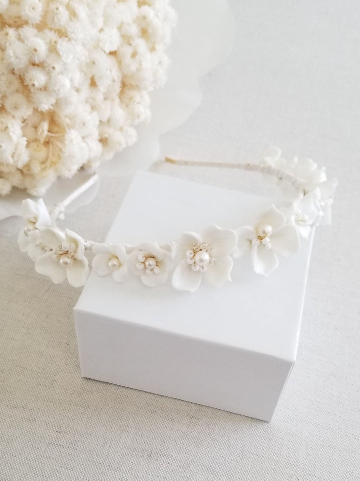 Porcelain Flower Bridal Headband, Floral Wedding Headpiece For Bride, Pearl Flower Bridal Hair Accessory - porcelain flowers, metal head band, freshwater pearls, seed beads, crystals, pure silk ribbon, wire