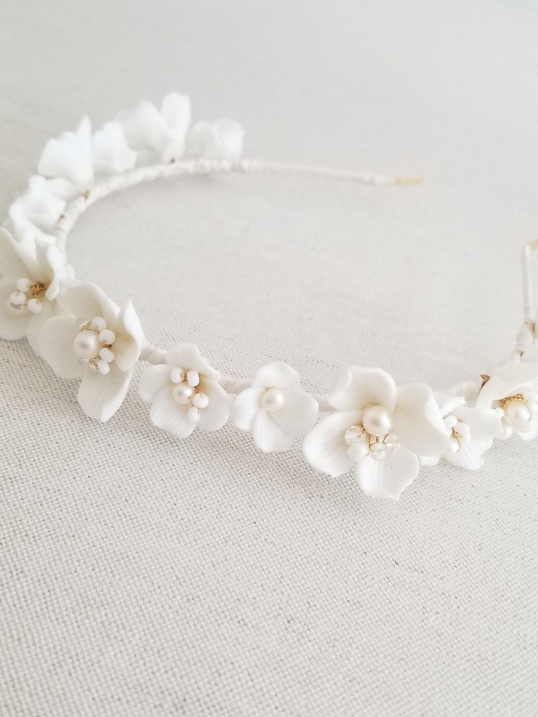 Porcelain Flower Bridal Headband, Floral Wedding Headpiece For Bride, Pearl Flower Bridal Hair Accessory - porcelain flowers, metal head band, freshwater pearls, seed beads, crystals, pure silk ribbon, wire