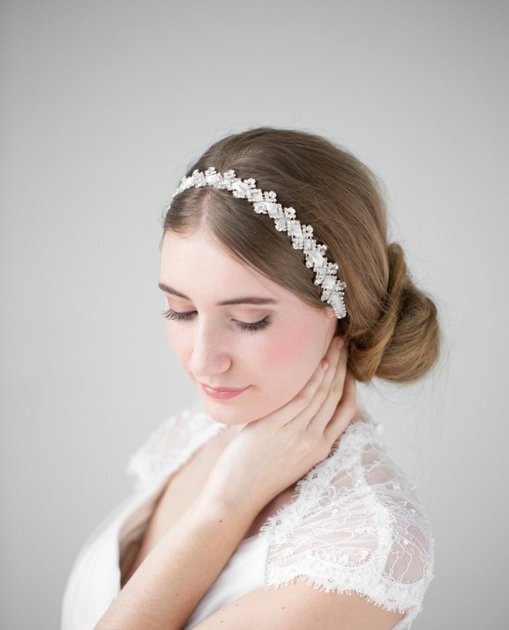 Wedding Headband, Bridal Rhinestone Headband, Ribbon Headband - double faced ribbon, swarovski crystal rhinestones, silver rhinestone trim