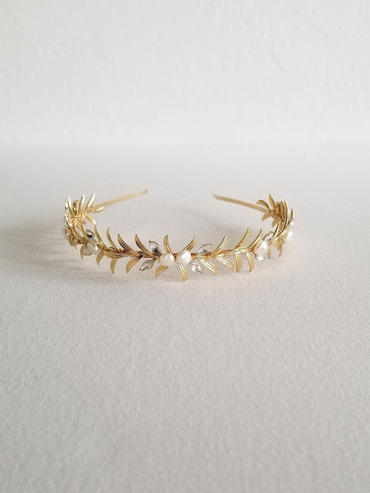 Pearl and Crystal Bridal Headband, Freshwater Pearl Headband For Bride, Gold Leaf Pearl and Crystal Wedding Tiara - freshwater pearls, metal headband, wire, gold metal leaves, crystal rhinestones