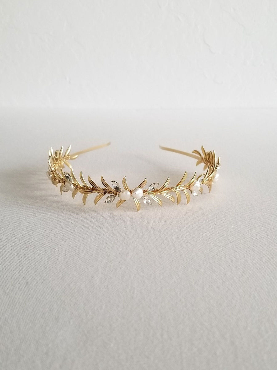 Pearl and Crystal Bridal Headband, Freshwater Pearl Headband For Bride, Gold Leaf Pearl and Crystal Wedding Tiara - freshwater pearls, metal headband, wire, gold metal leaves, crystal rhinestones