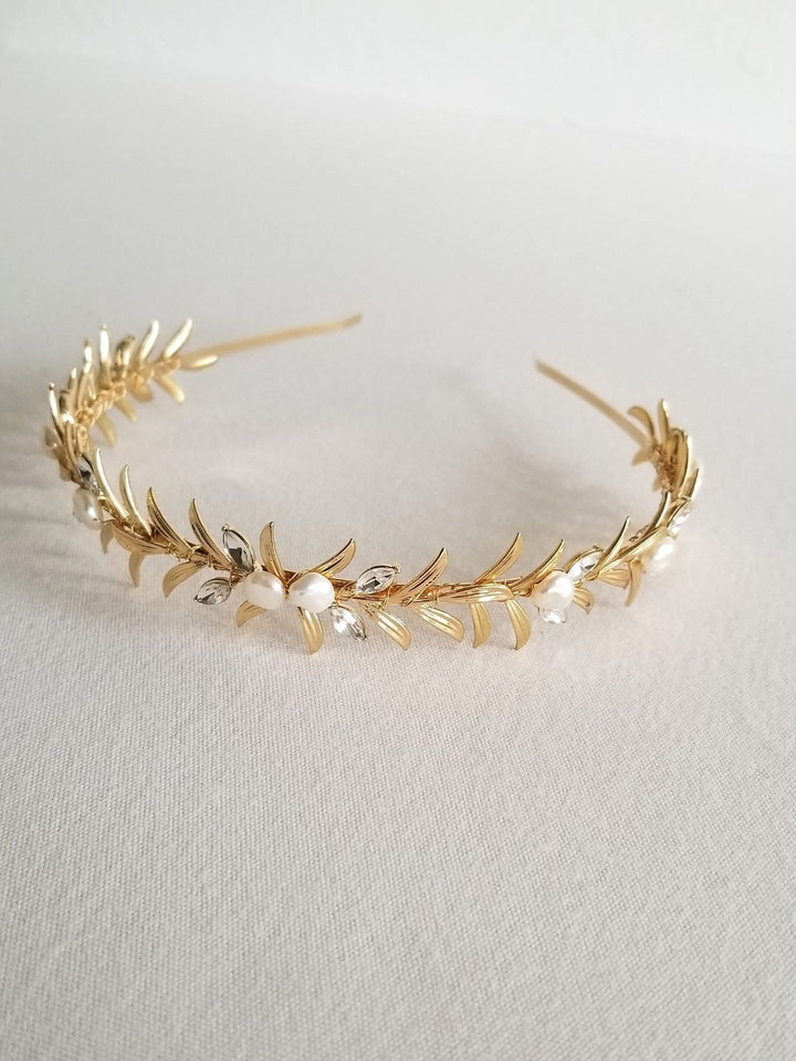 Pearl and Crystal Bridal Headband, Freshwater Pearl Headband For Bride, Gold Leaf Pearl and Crystal Wedding Tiara - freshwater pearls, metal headband, wire, gold metal leaves, crystal rhinestones