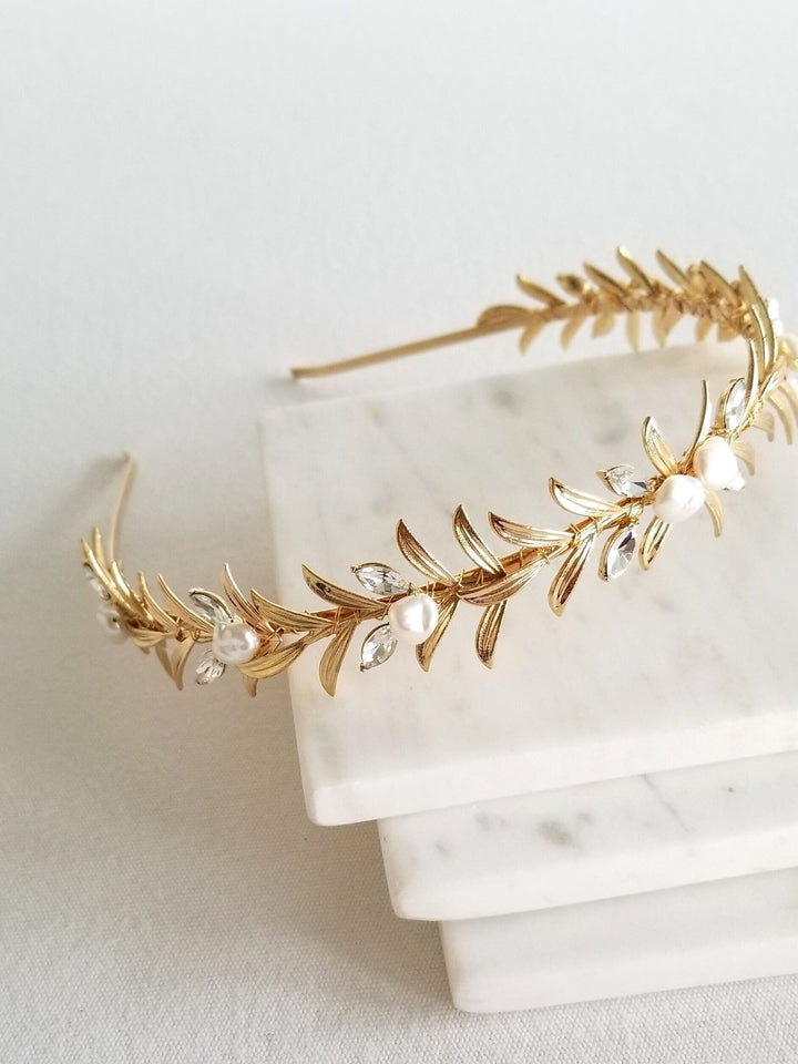 Pearl and Crystal Bridal Headband, Freshwater Pearl Headband For Bride, Gold Leaf Pearl and Crystal Wedding Tiara - freshwater pearls, metal headband, wire, gold metal leaves, crystal rhinestones