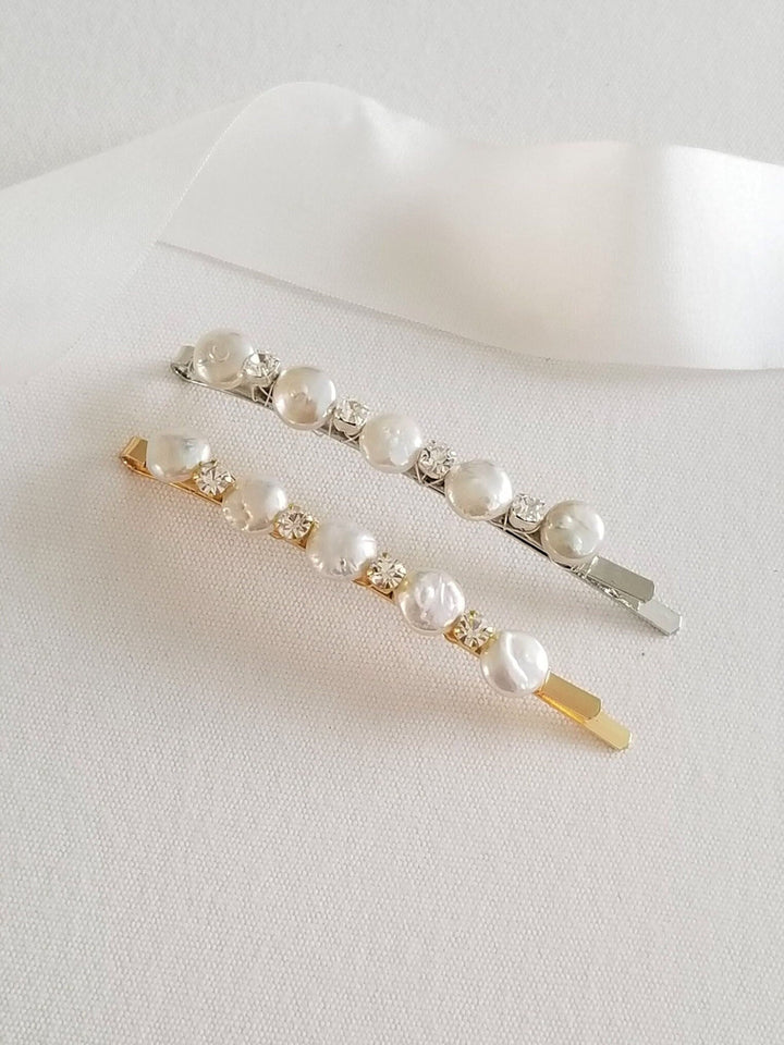 Pearl Wedding Hair Clip, Freshwater Pearl Rhinestone Bobby Pin, Pearl Bridal Bobby Pin, Bridal Crystal Pearl Hair Clip - rhinestones, bobby pin, freshwater pearls, wire