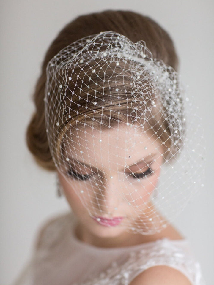 Wedding Beaded Birdcage Veil, Birdcage Veil with scattered Crystals and Pearls, Bridal Veil, Wedding veil, Wedding Birdcage - metal comb, flat back pearls, flat back crystal rhinestones, veil netting