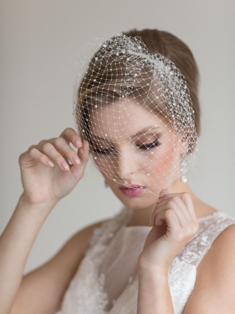 Wedding Beaded Birdcage Veil, Birdcage Veil with scattered Crystals and Pearls, Bridal Veil, Wedding veil, Wedding Birdcage - metal comb, flat back pearls, flat back crystal rhinestones, veil netting