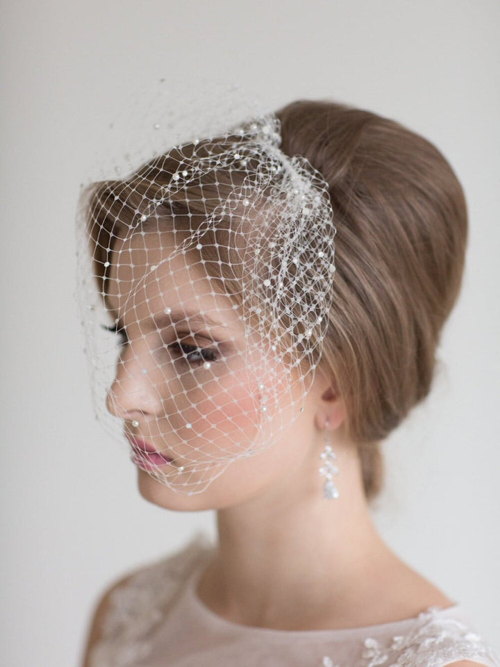 Wedding Beaded Birdcage Veil, Birdcage Veil with scattered Crystals and Pearls, Bridal Veil, Wedding veil, Wedding Birdcage - metal comb, flat back pearls, flat back crystal rhinestones, veil netting