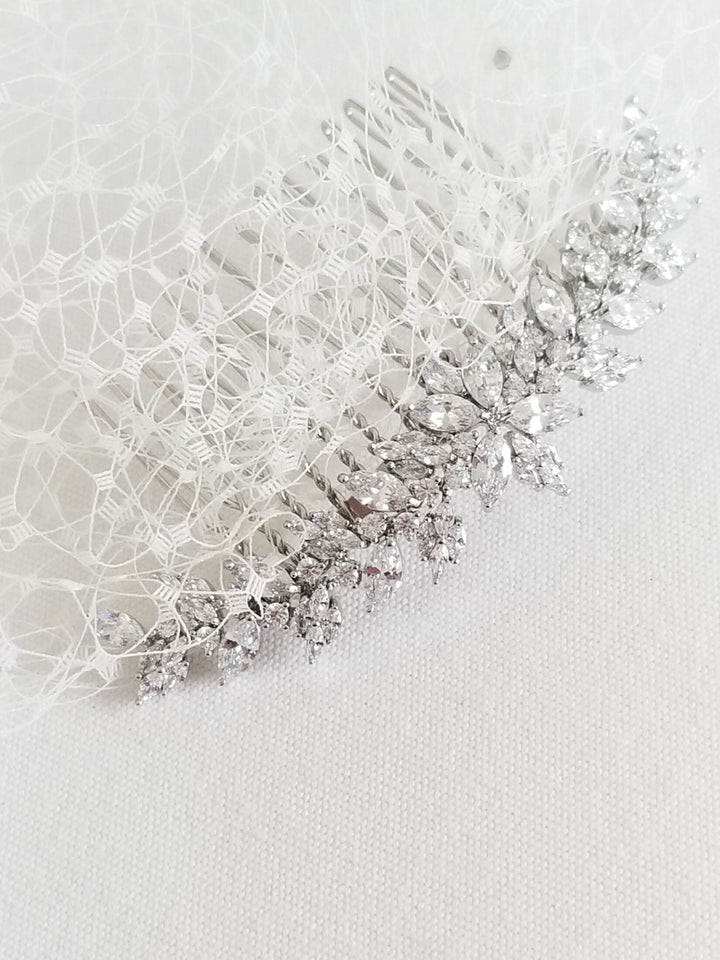 Birdcage Veil with Cubic Zirconia Comb, Bridal Birdcage Veil with Rhinestone Edge, Beaded Birdcage Veil For Bride - thread, cubic zirconia comb, crystal rhinestones, veil netting